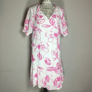 White ruffle knee length dress pink floral gauzy lined summer feminine fairy L